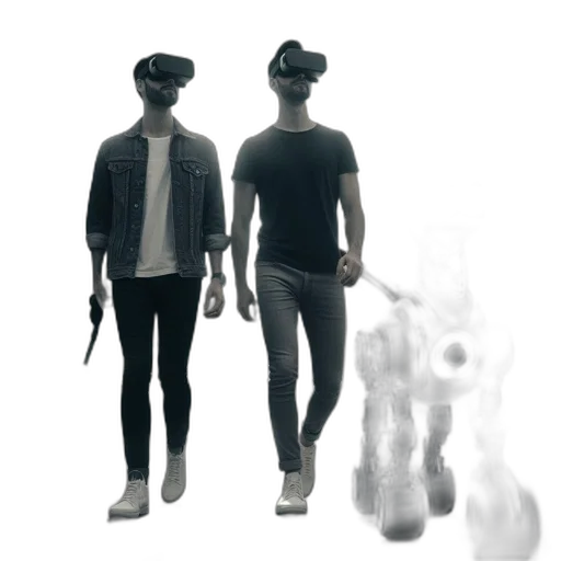 hat, concept art, 3d render, cyberpunk, two, men, headsets, walk transparent PNG cut-out