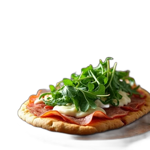 food, photorealistic, 3d render, rustic, italian, flatbread, topped, prosciutto transparent PNG cut-out