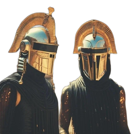 mask, robot, staff, sword, concept art, 3d render, fantasy art, golden transparent PNG cut-out