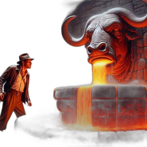 concept art, fantasy art, fire, explorer, stands, chambers, fiery, molten transparent PNG cut-out