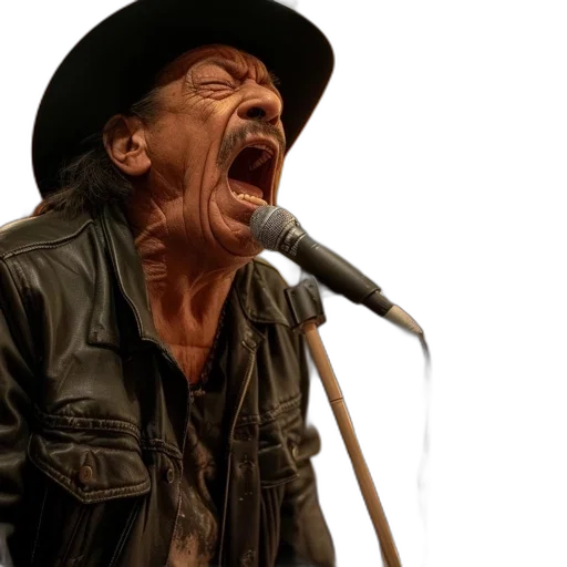 man, black, leather, jacket, hat, singing, passionately, into transparent PNG cut-out