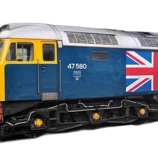 3d render, blue, yellow, train, number, 47580, union, jack transparent PNG cut-out