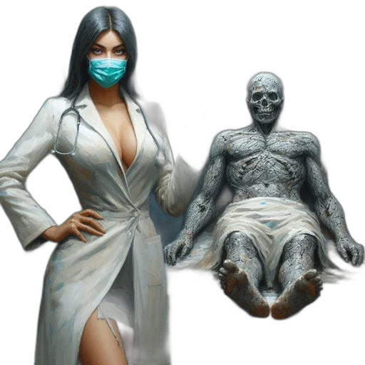 mask, concept art, 3d render, woman, lab, coat, administers, green transparent PNG cut-out