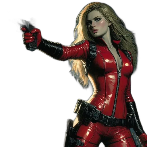 comic book art, concept art, photorealistic, red, woman, catsuit, stands, rain-soaked transparent PNG cut-out