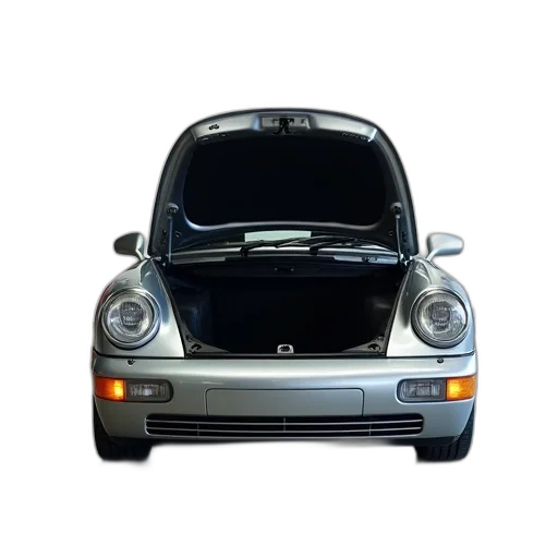 car, 3d render, photorealistic, silver, trunk, open, parked, garage transparent PNG cut-out