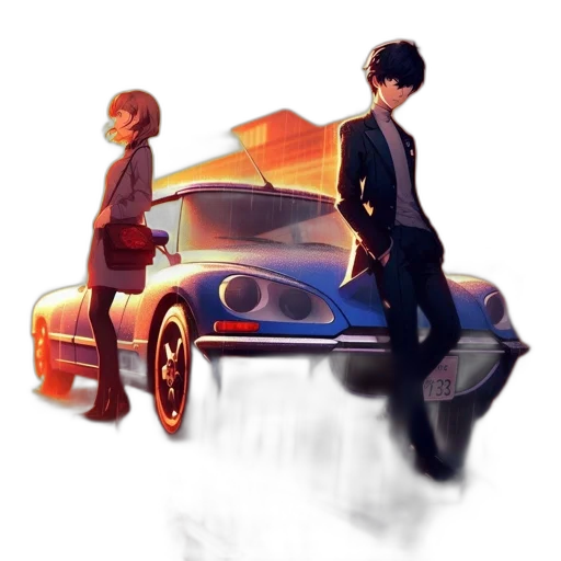 car, concept art, anime, watercolor, photorealistic, neon lights, city street, sunset transparent PNG cut-out