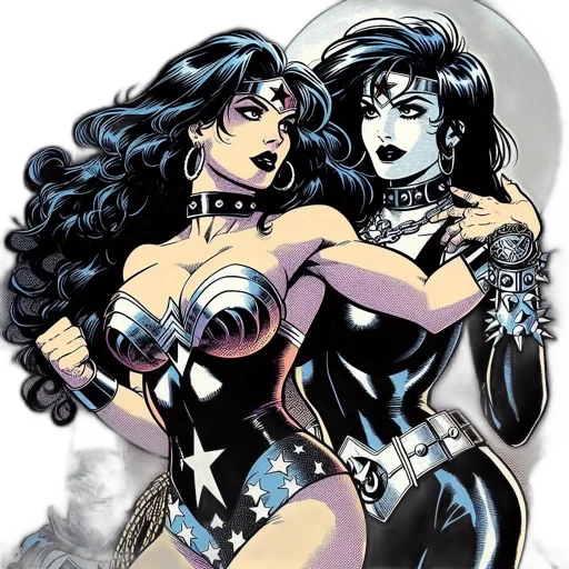comic book art, concept art, cartoon, fantasy art, two, superheroes, one, resembling transparent PNG cut-out