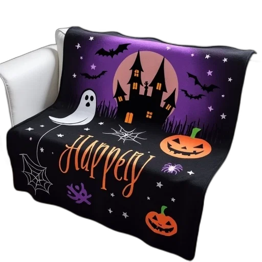 black, purple, halloween-themed, blanket, ghost, pumpkin, spider, designs transparent PNG cut-out