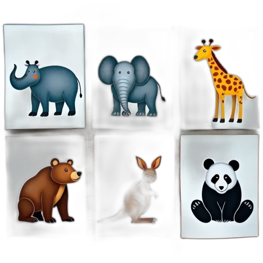 animal, concept art, 3d render, collection, six, illustrations, displayed, wooden transparent PNG cut-out