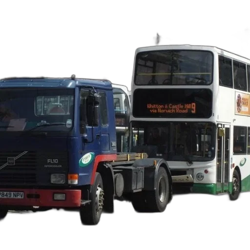 3d render, photorealistic, blue, truck, parked, next, white, double-decker transparent PNG cut-out