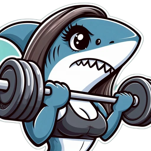 cartoon, shark-human, hybrid, lifts, barbell, playful, cartoonish, illustration transparent PNG cut-out