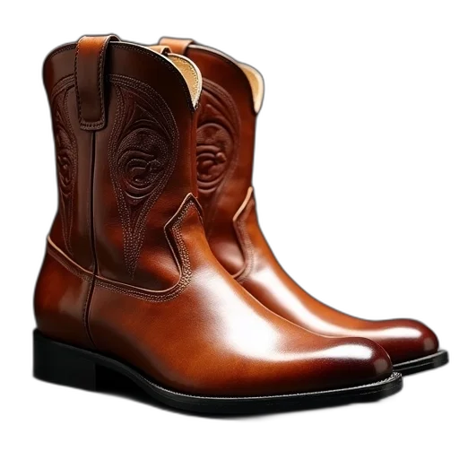 shoes, photorealistic, 3d render, pair, brown, leather, boots, patterned transparent PNG cut-out