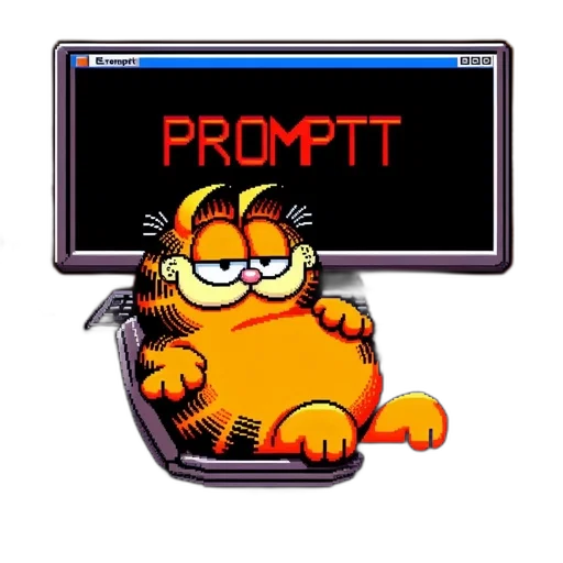 pixel art, concept art, cyberpunk, vaporwave, garfield, sits, front, computer transparent PNG cut-out