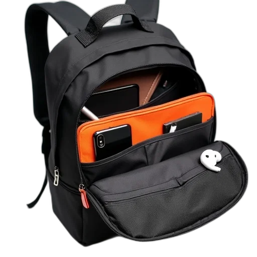 mask, 3d render, black, backpack, multiple, compartments, open, displaying transparent PNG cut-out