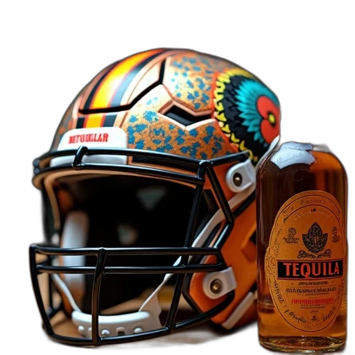 football, helmet, colorful, design, sits, table, next, bottle transparent PNG cut-out