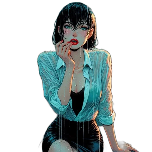 dress, jacket, comic book art, concept art, cartoon, cyberpunk, neon lights, blue transparent PNG cut-out