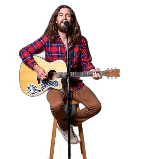 jacket, hair, man, long, beard, sitting, stool, playing transparent PNG cut-out