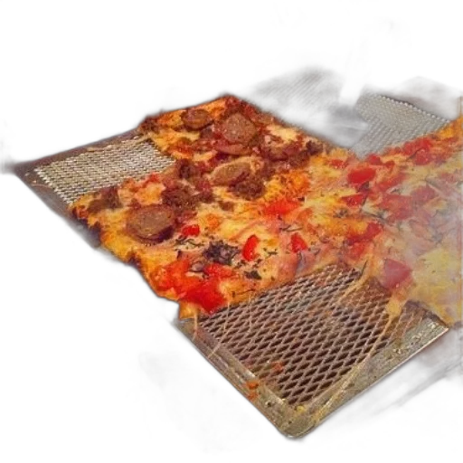 food, 3d render, photorealistic, fire, pizza, sausage, cheese, metal transparent PNG cut-out