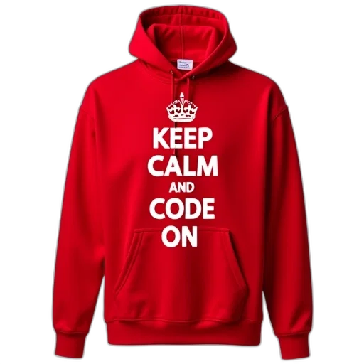 red, hoodie, white, graphic, reads, keep, calm, code transparent PNG cut-out
