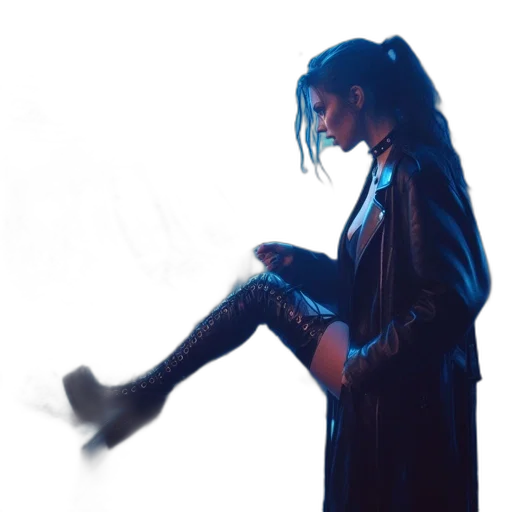 jacket, shoes, staff, dress, cyberpunk, concept art, photorealistic, neon lights transparent PNG cut-out