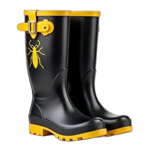 shoes, 3d render, pair, black, rubber, boots, yellow, accents transparent PNG cut-out