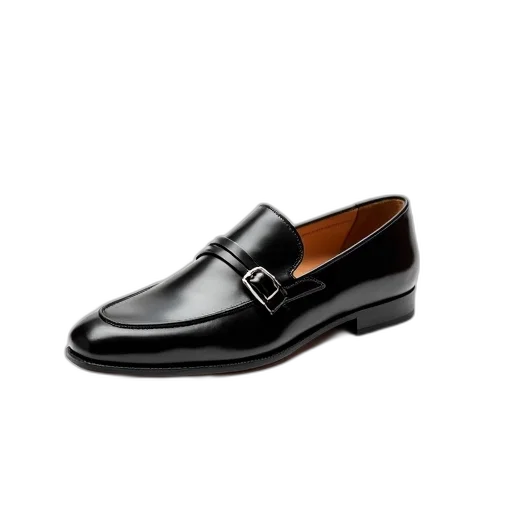 shoes, black, leather, loafer, silver, buckle, strap, across transparent PNG cut-out