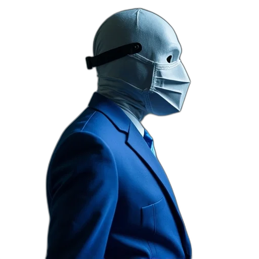 mask, robot, face, jacket, cyberpunk, concept art, 3d render, blue transparent PNG cut-out