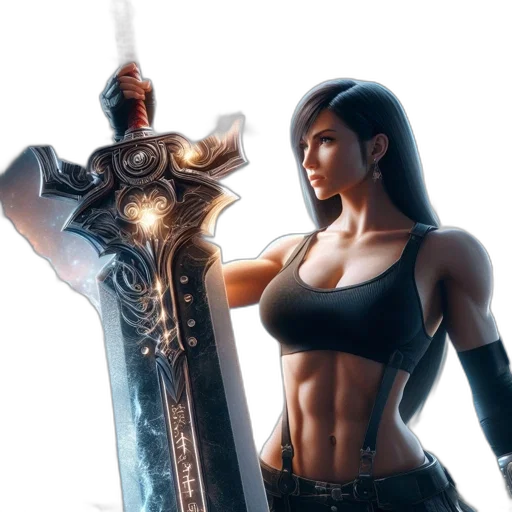 sword, weapon, concept art, fantasy art, 3d render, comic book art, woman, wields transparent PNG cut-out
