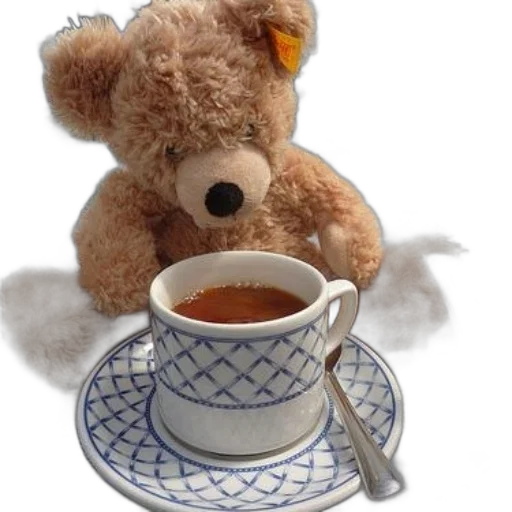 food, photorealistic, teddy, bear, sits, table, cup, tea transparent PNG cut-out