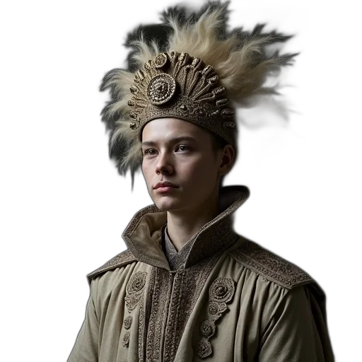 hat, jacket, crown, staff, photorealistic, fantasy art, concept art, earth tones transparent PNG cut-out