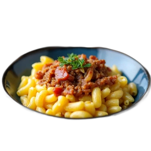 food, photorealistic, plate, macaroni, cheese, generous, portion, meat transparent PNG cut-out