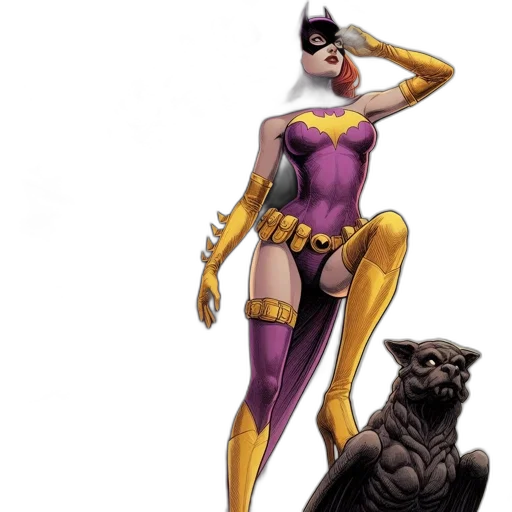comic book art, concept art, fantasy art, female, superhero, red, wig, purple transparent PNG cut-out