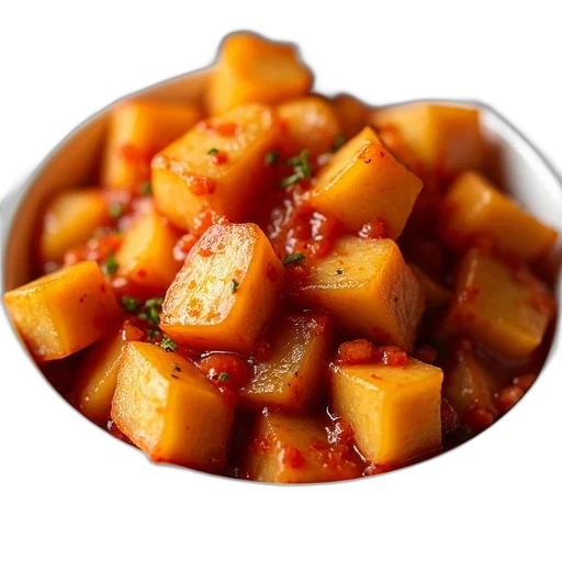 food, bowl, filled, diced, plantains, spicy, tomato-based, sauce transparent PNG cut-out