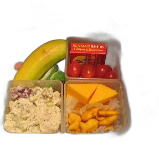 food, lunch, box, banana, tomatoes, cheese, salad transparent PNG cut-out