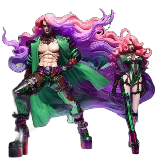 concept art, cyberpunk, fantasy art, vaporwave, green, dark, two, intricately transparent PNG cut-out