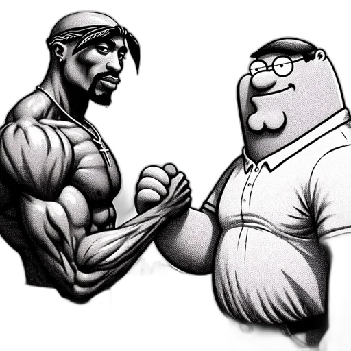 cartoon, comic book art, concept art, photorealistic, two, animated, characters, one transparent PNG cut-out