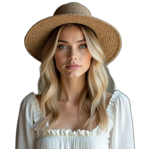hat, hair, crown, face, photorealistic, earth tones, woman, blonde transparent PNG cut-out