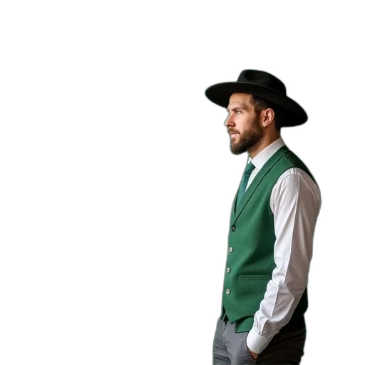 hat, jacket, staff, green, man, vest, black, standing transparent PNG cut-out