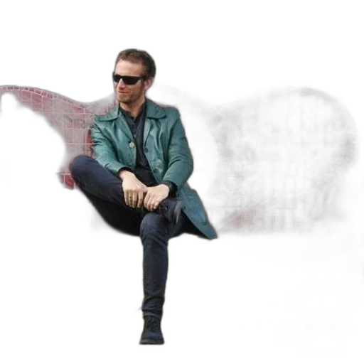 jacket, photorealistic, concept art, cartoon, man, green, sunglasses, sits transparent PNG cut-out