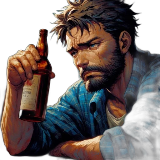 bottle, comic book art, concept art, pixel art, photorealistic, tearful, man, concentrating transparent PNG cut-out