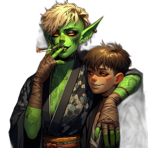 fantasy art, concept art, comic book art, watercolor, green, dark, two, characters transparent PNG cut-out