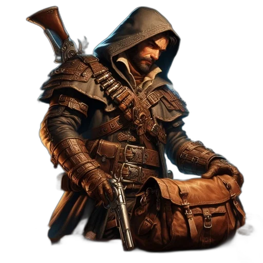 jacket, weapon, sword, concept art, fantasy art, 3d render, photorealistic, hooded transparent PNG cut-out