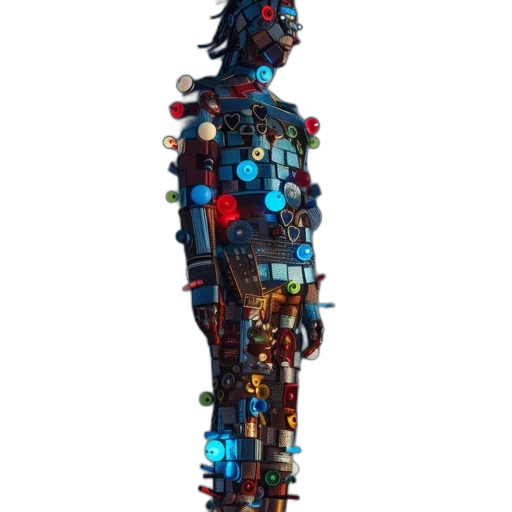 robot, staff, jacket, dress, cyberpunk, concept art, pixel art, 3d render transparent PNG cut-out