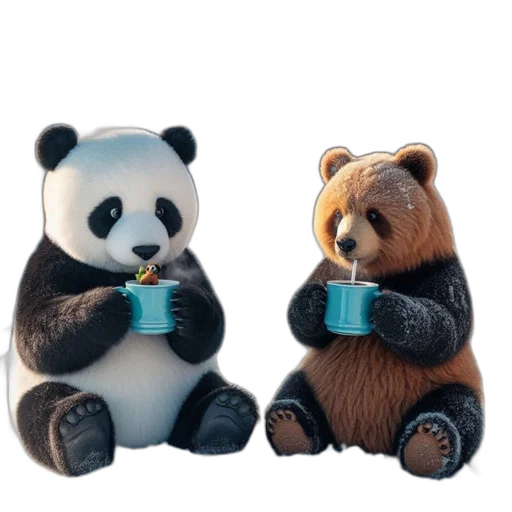 food, 3d render, concept art, photorealistic, two, anthropomorphic, bears, sit transparent PNG cut-out