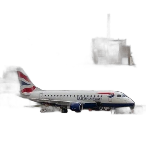 3d render, concept art, photorealistic, fog, british, airways, airplane, parked transparent PNG cut-out