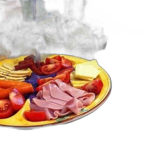 food, photorealistic, 3d render, concept art, fog, plate, ham, tomatoes transparent PNG cut-out