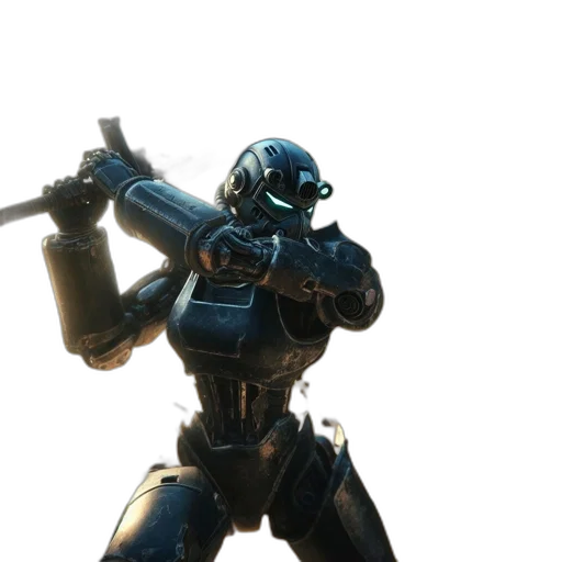 robot, weapon, staff, sword, concept art, 3d render, cyberpunk, outer space transparent PNG cut-out