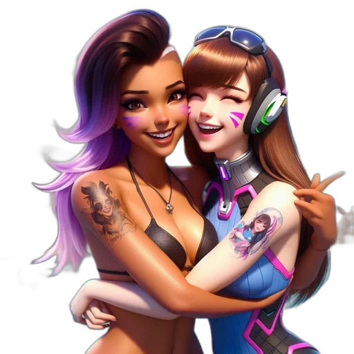 concept art, fantasy art, pixel art, cartoon, two, tattooed, female, characters transparent PNG cut-out
