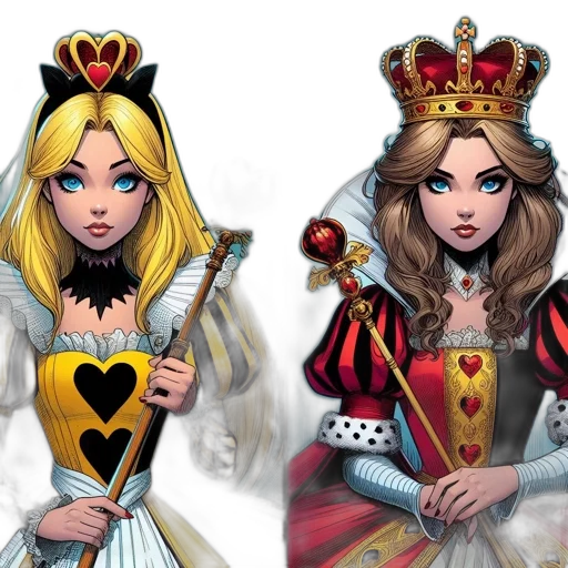 crown, concept art, fantasy art, comic book art, cartoon, two, animated, female transparent PNG cut-out