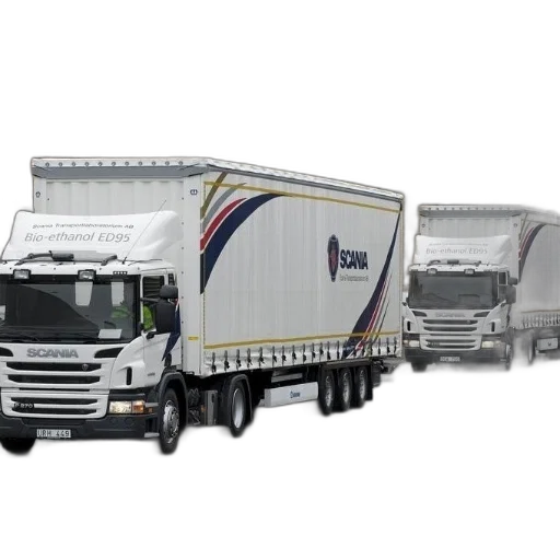 3d render, concept art, two, scania, trucks, driving, down, street transparent PNG cut-out